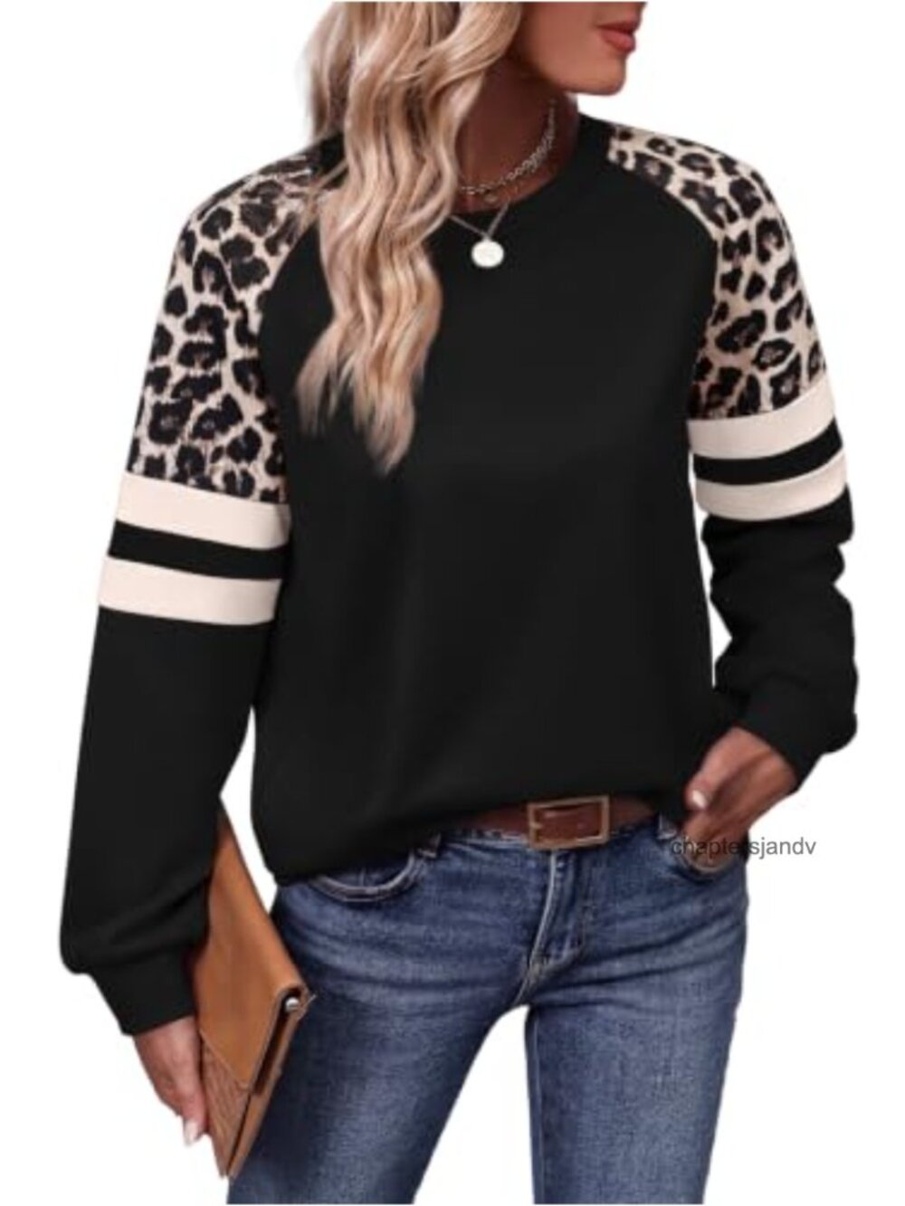 Womens Crewneck Color Block Leopard Print Long Sleeve Sweatshirt Loose Fit